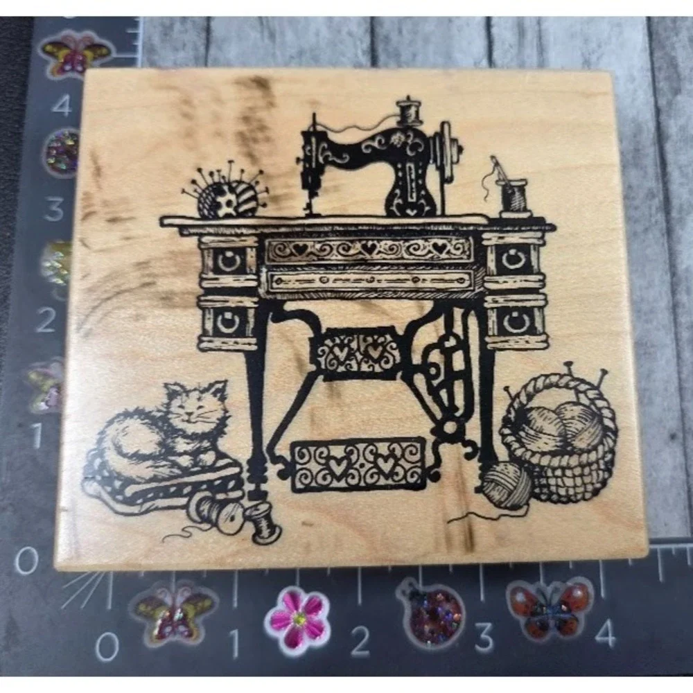 PSX Designs Antique Sewing Machine Cat Basket K1463 Rubber Stamp Wood #B2